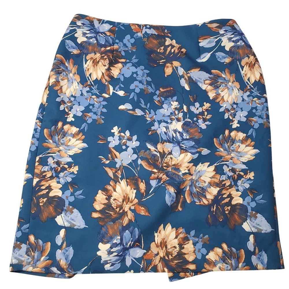 Talbots Floral Pencil Skirt Women 12W Turquoise Blue Brown Business Casual Work